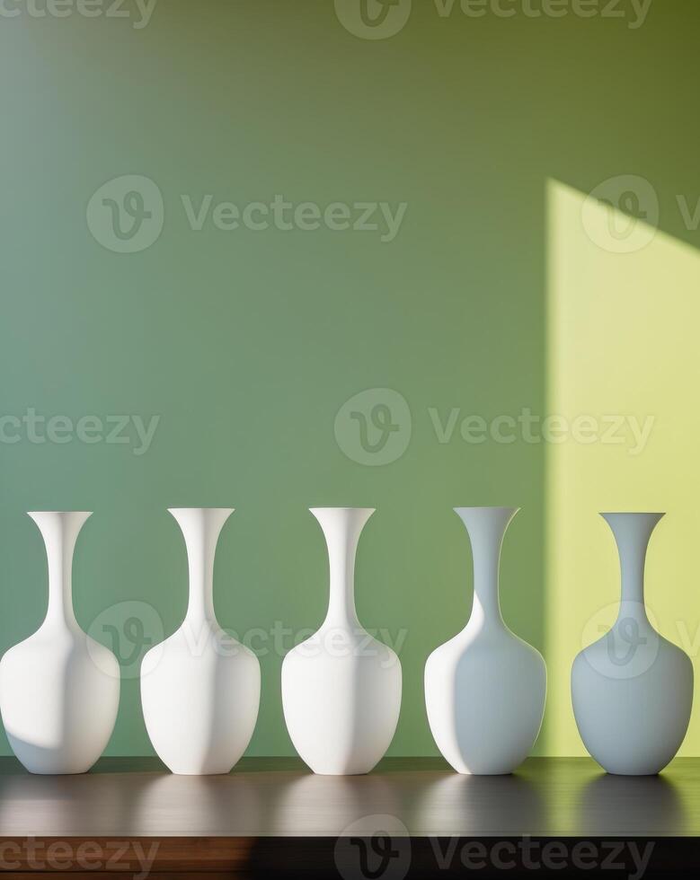 there are five vases sitting on a table with a green wall behind them photo