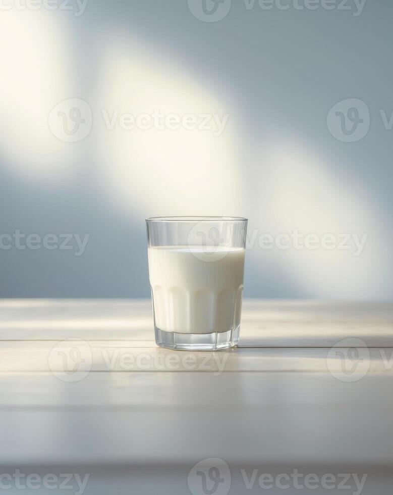 there is a glass of milk sitting on a table photo