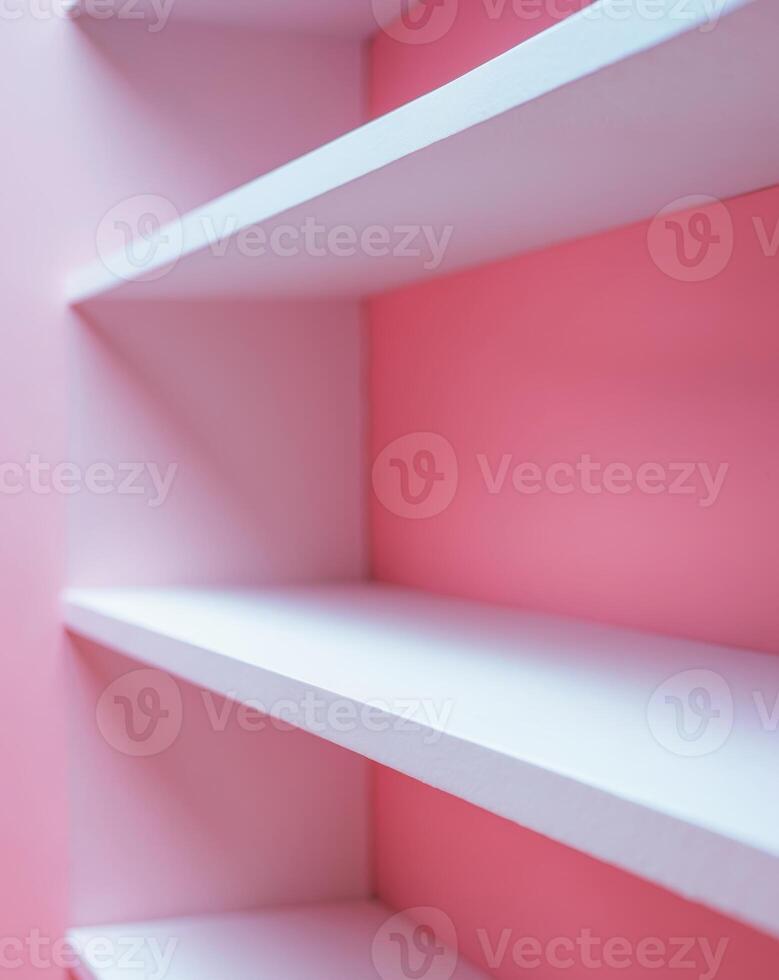 a close up of a white shelf with a pink background photo