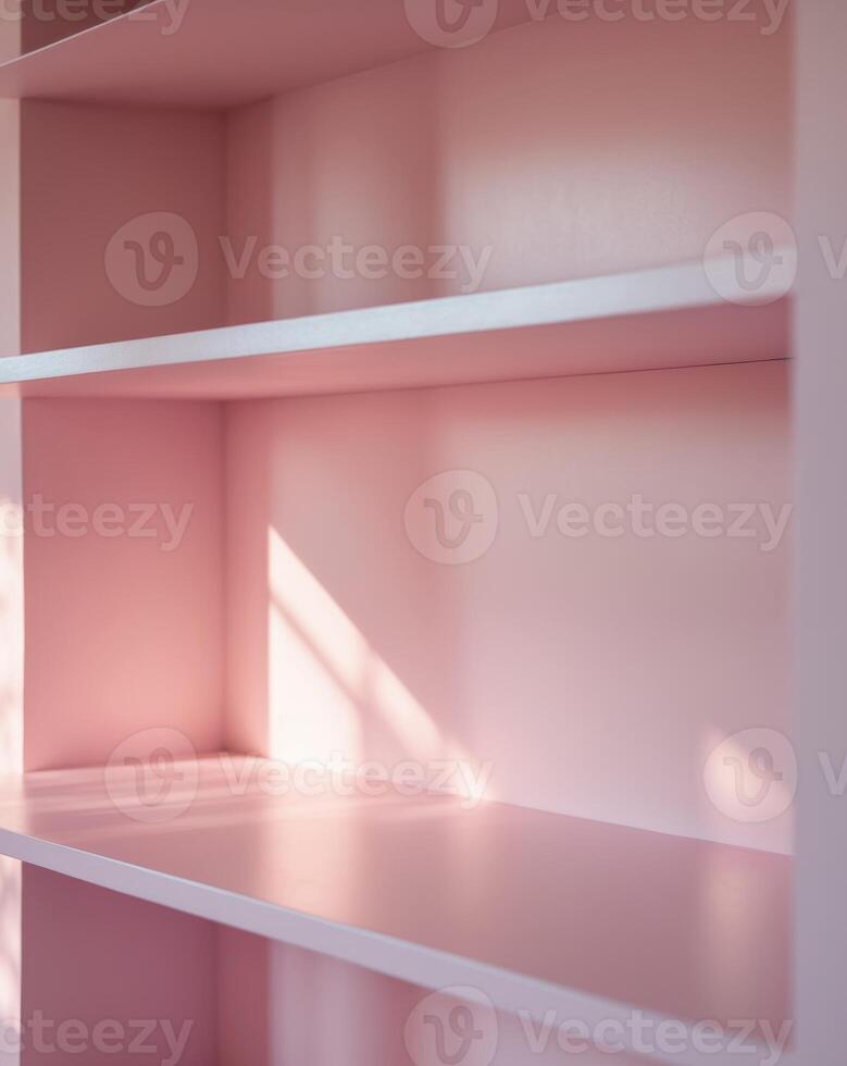 a close up of a pink empty shelf in a pink room photo