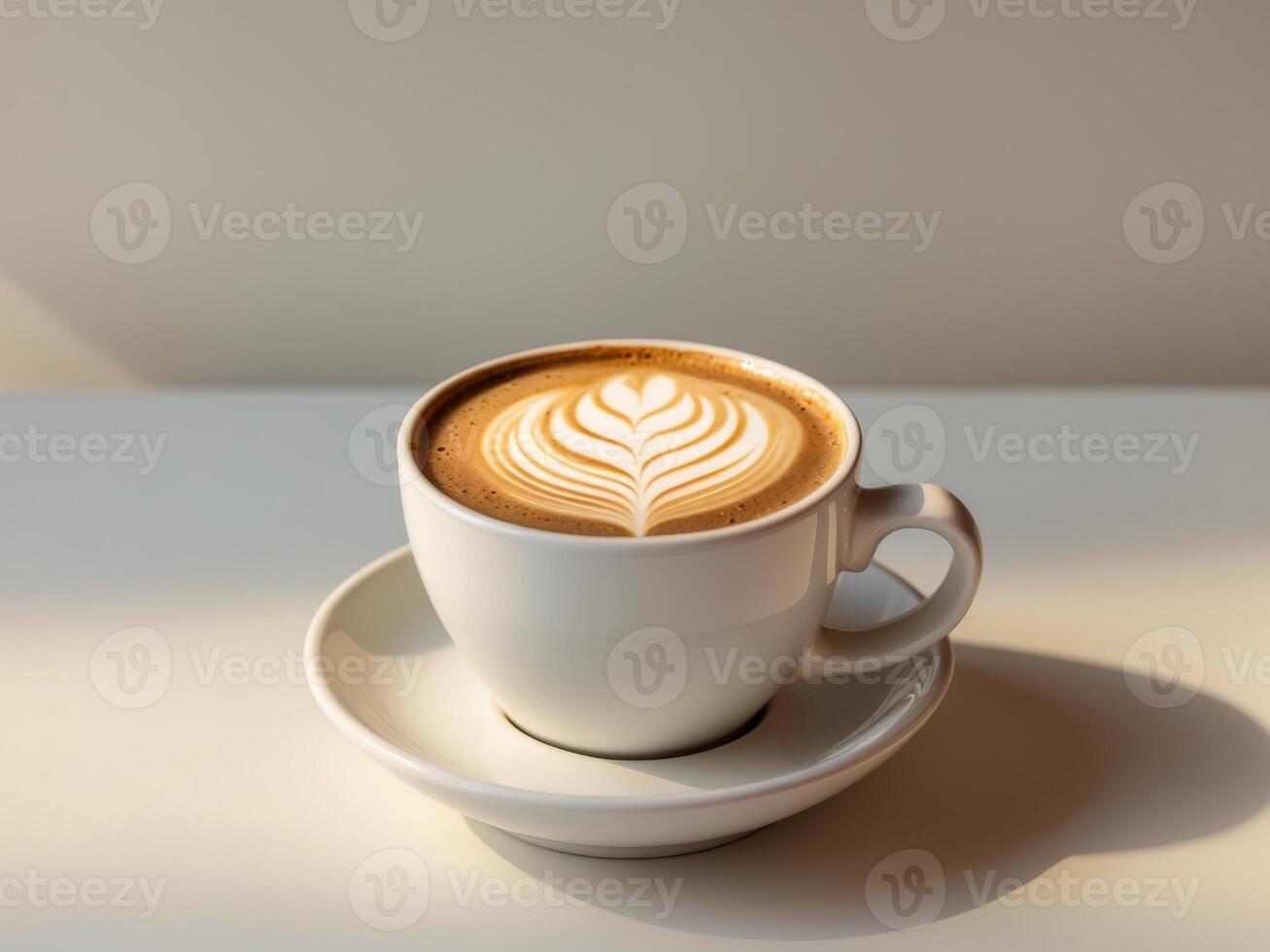 A cup of coffee with latte art in a white ceramic mug on a saucer photo