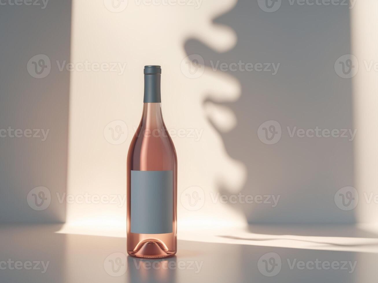 Rose Wine Bottle with Blank Label and Window Shadow Overlay Mockup photo