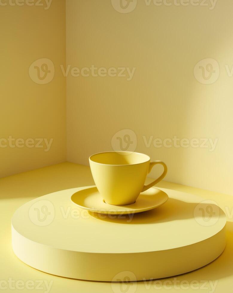 there is a yellow cup and saucer on a yellow surface photo