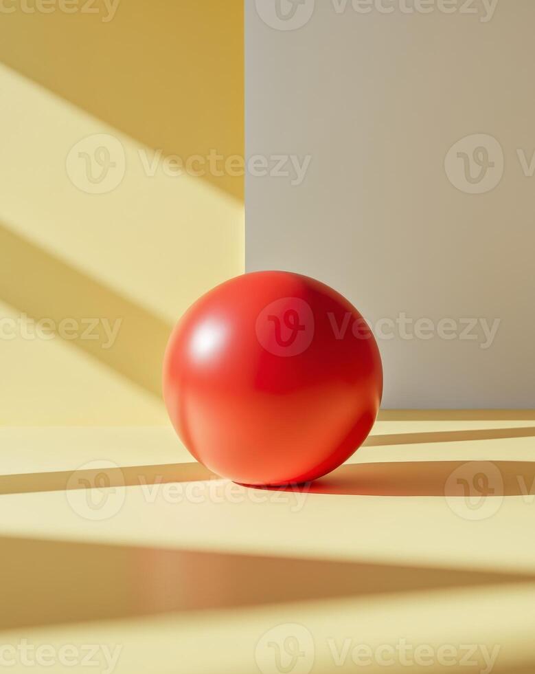 Playful red ball rests on bright yellow background with sharp shadows photo