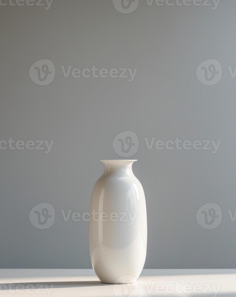 A white vase sitting on a table in front of a gray wall photo