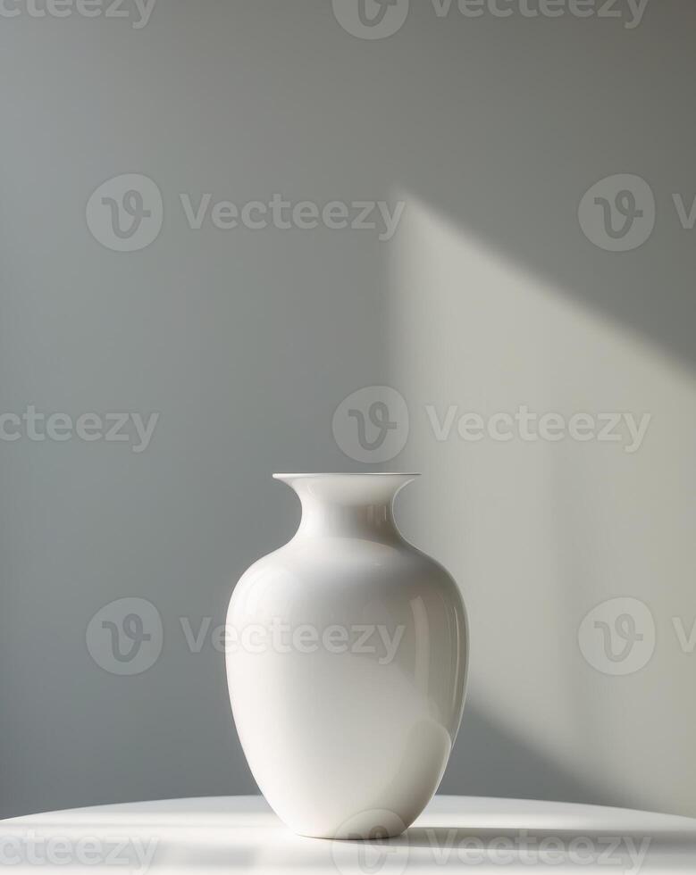 A white vase sitting on a table in front of a wall photo