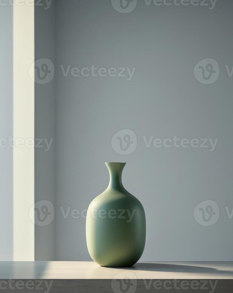 A green vase sitting on a table in front of a window photo