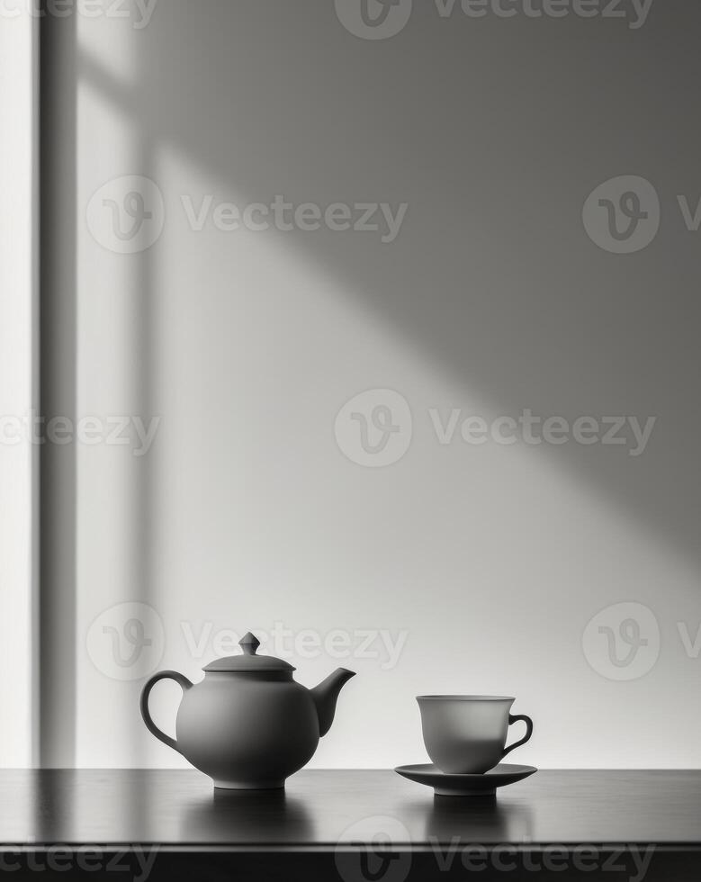 Tea pot and cup on table with shadow photo