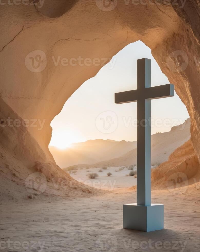 A cross stands in front of a cave with the sun shining through photo