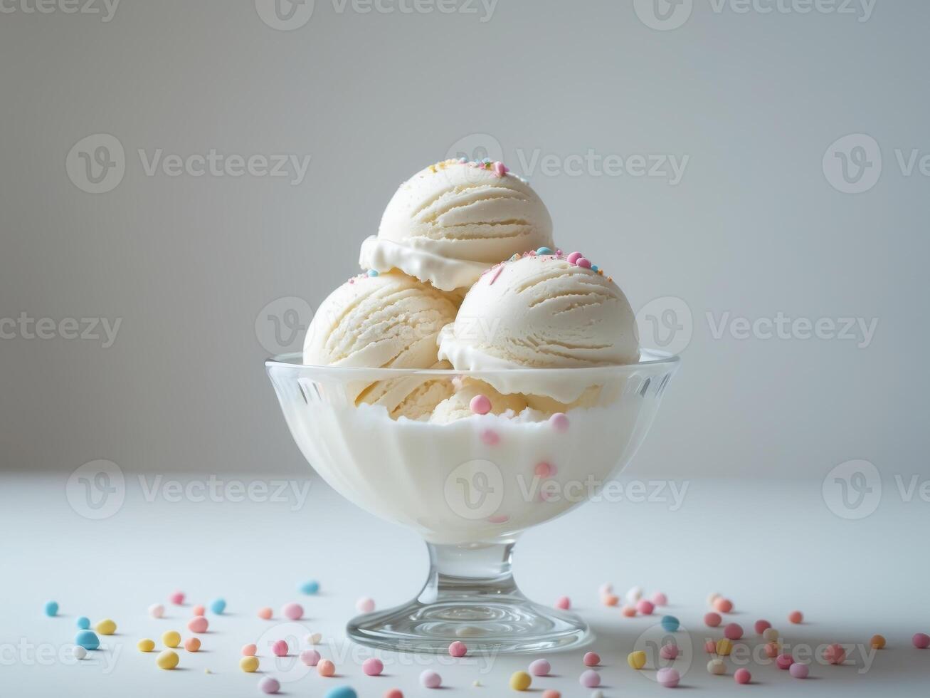 Three scoops of ice cream in a glass bowl photo