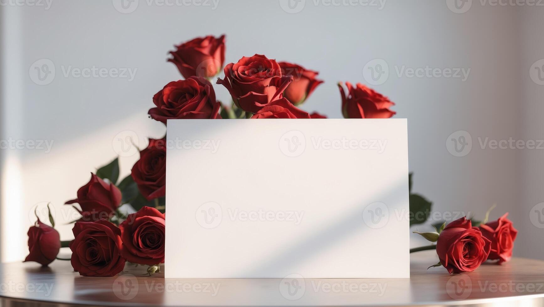 A white card with red roses on a table photo