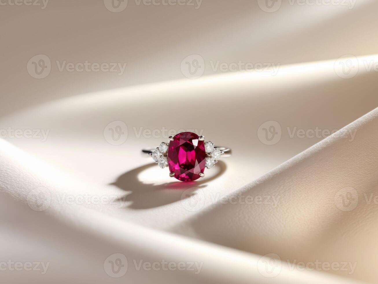 An oval ruby and diamond ring on a white cloth photo