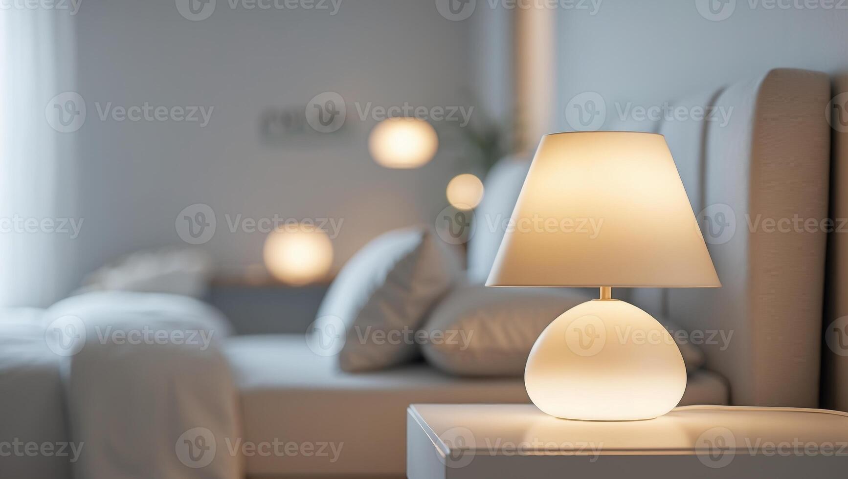 A white lamp is on a nightstand in a bedroom photo