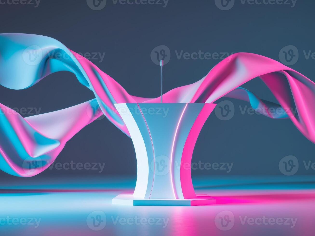 A pink and blue abstract background with a white pedestal photo