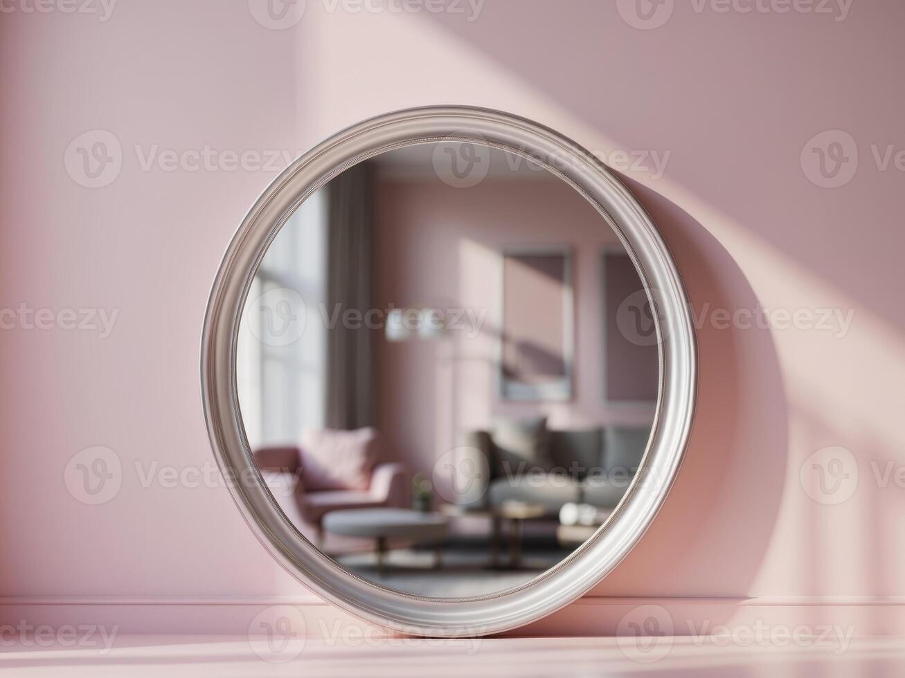 A round mirror is sitting on a pink wall photo