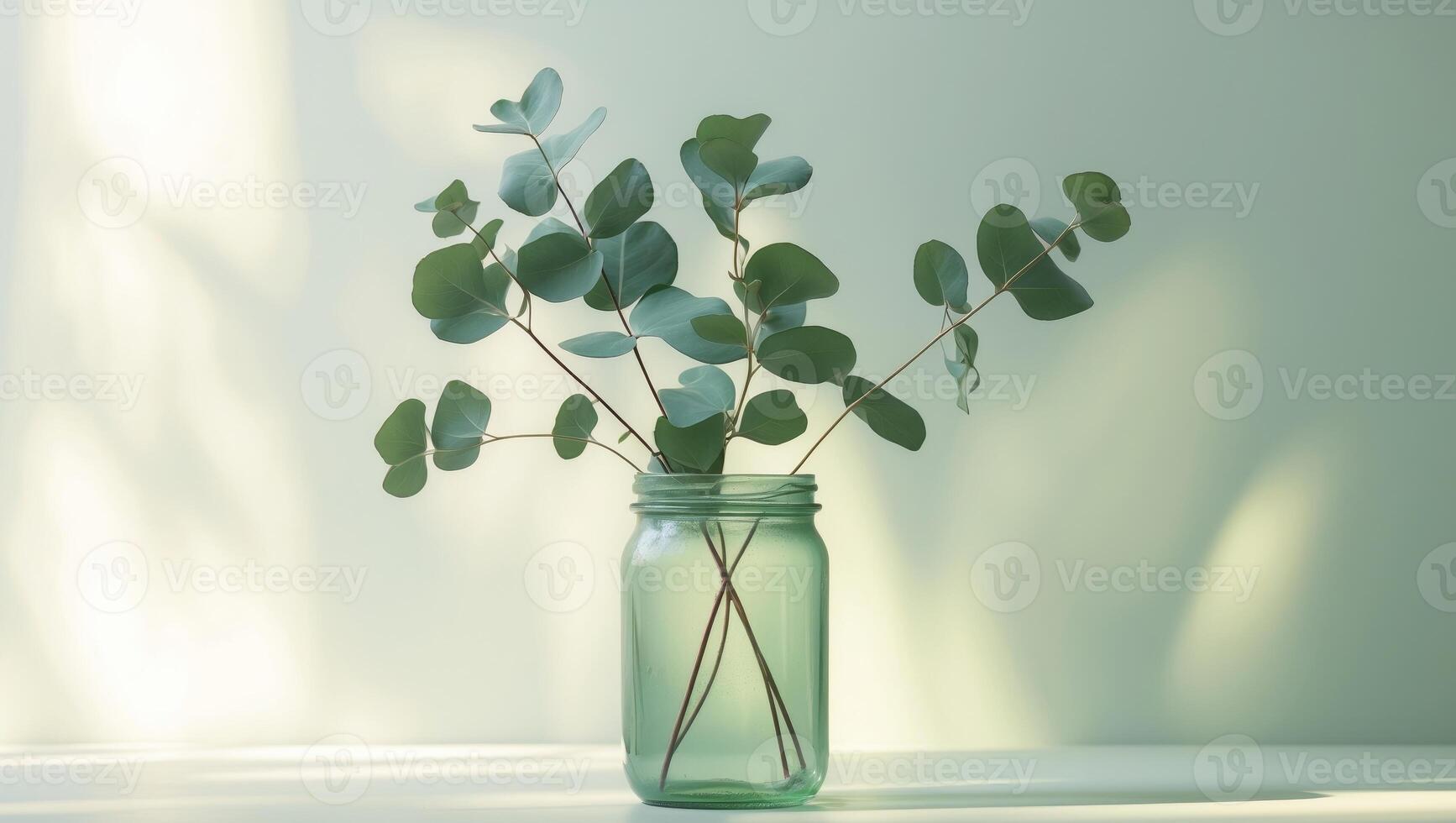 A green vase with eucalyptus leaves sitting on a table photo