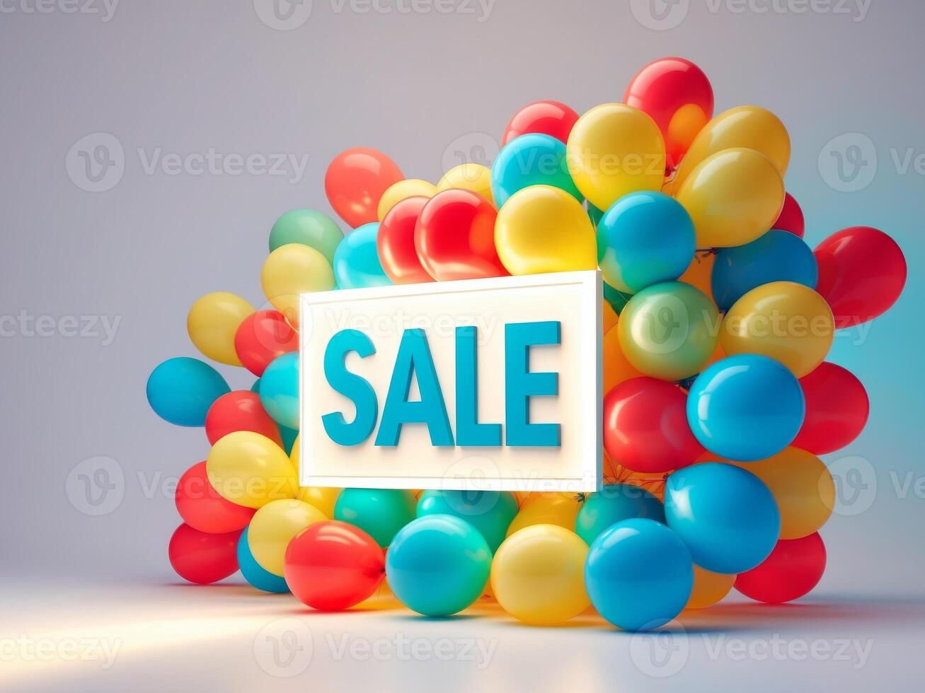 3d rendering of sale sign surrounded by colorful balloons photo
