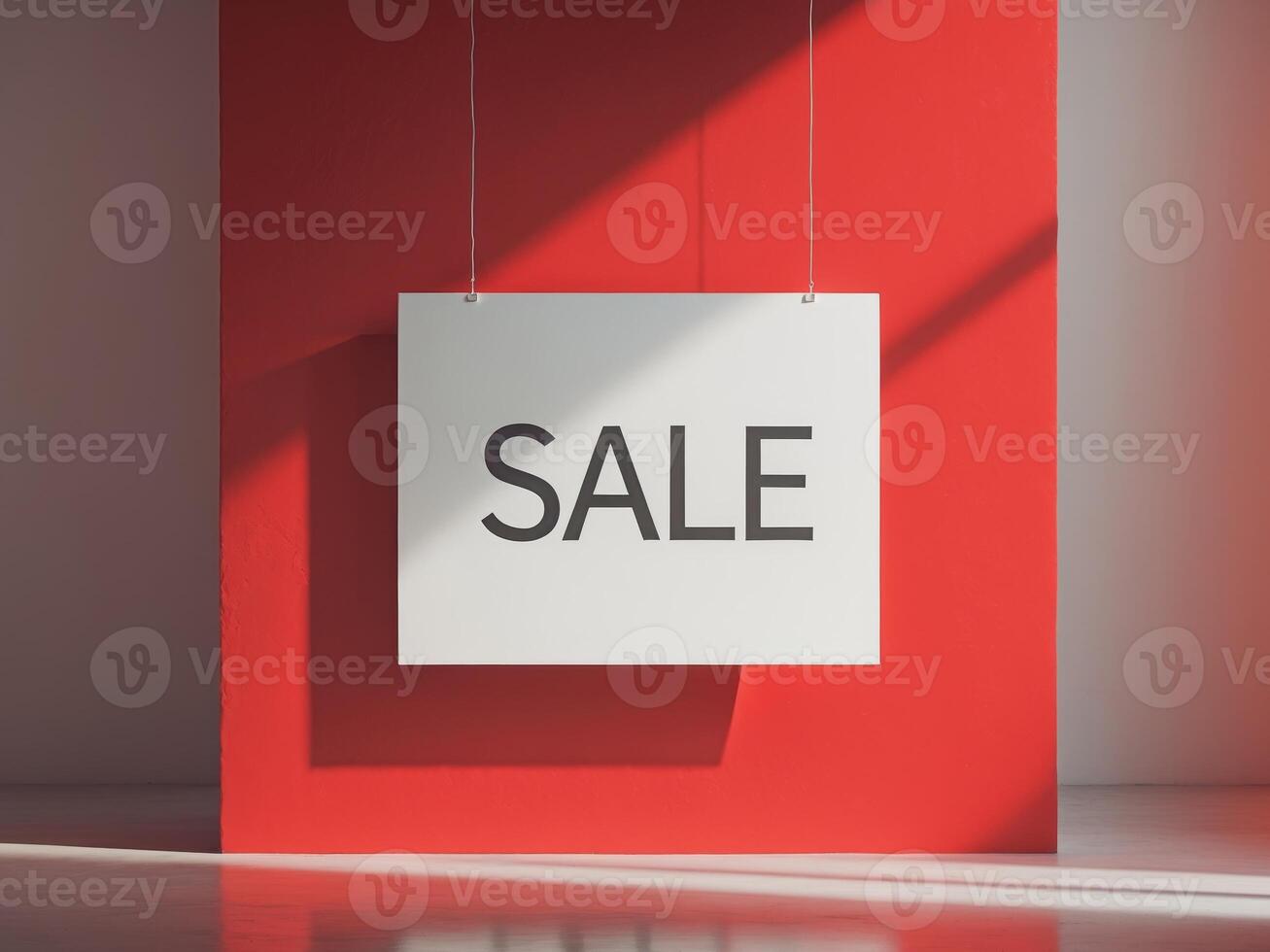 A red wall with a sale sign in front of it photo