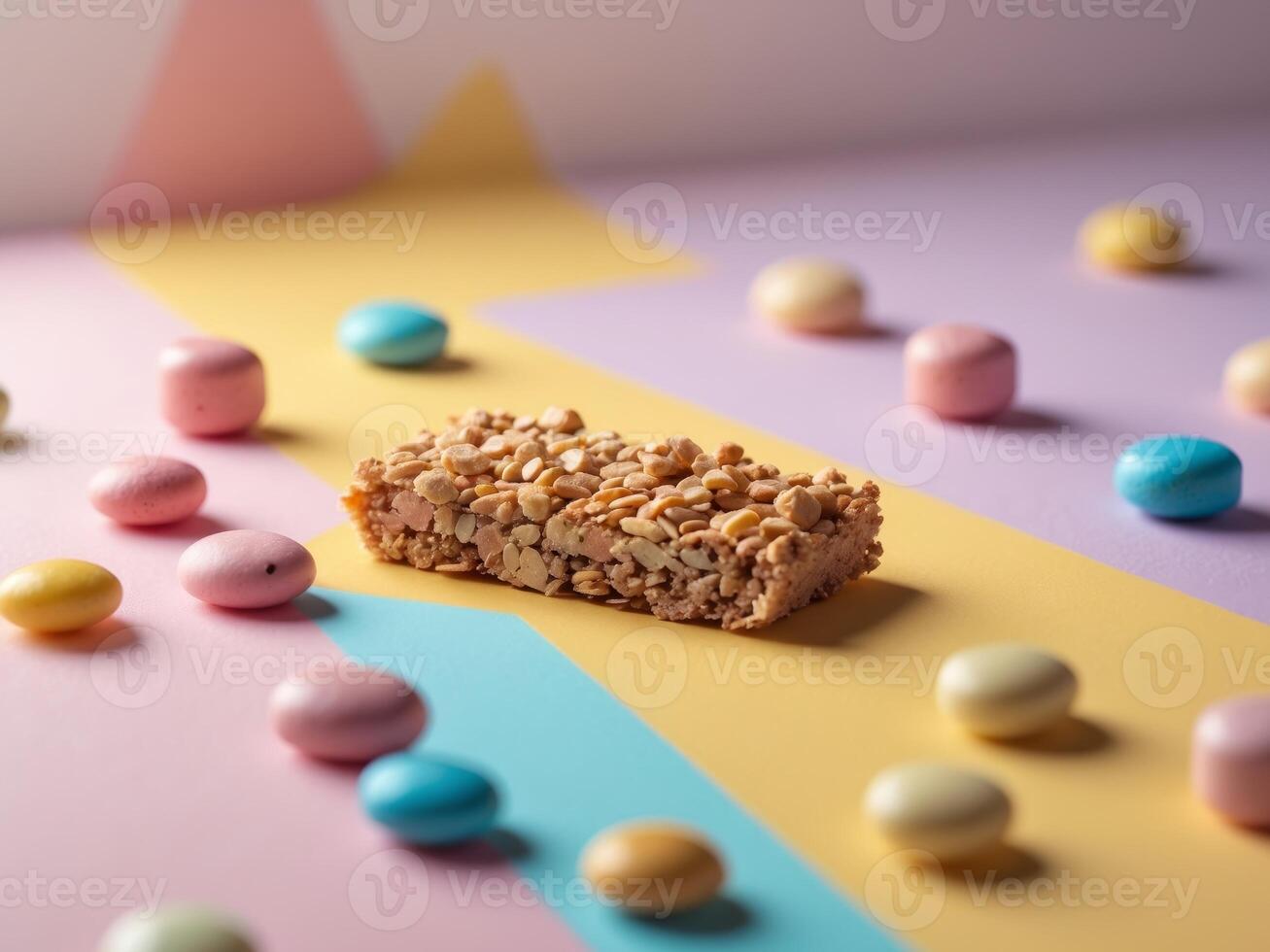Granola Bar on Colorful Background with Candies photo