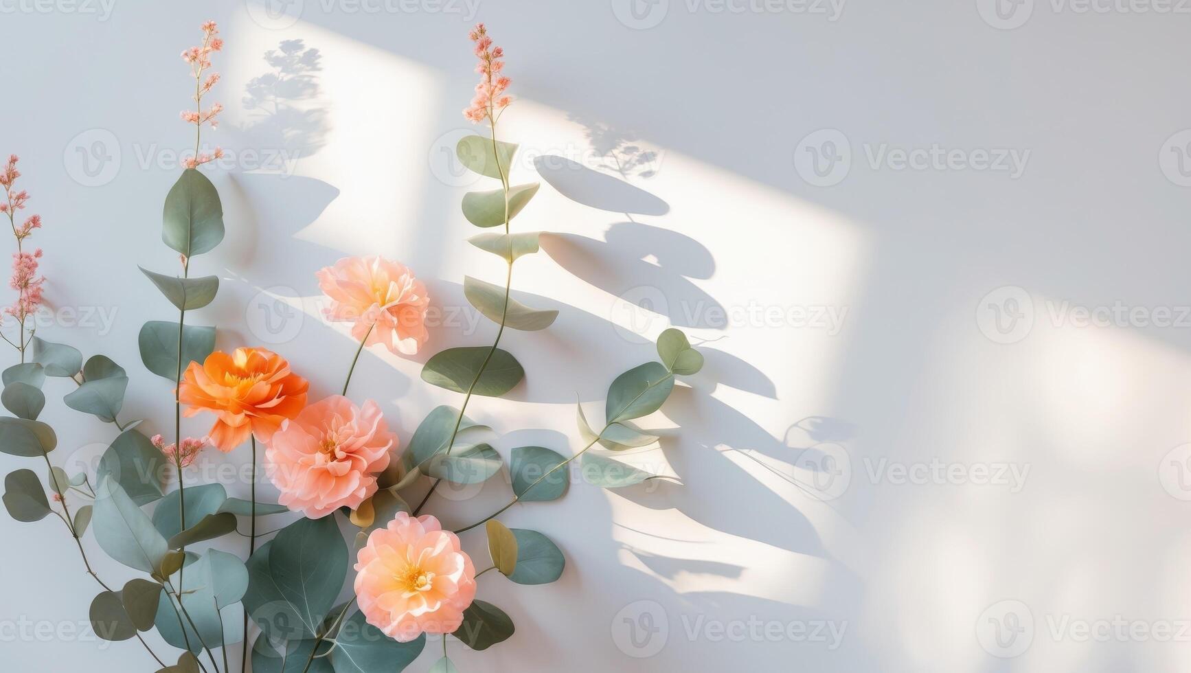 Pink and orange flowers and eucalyptus leaves on white photo