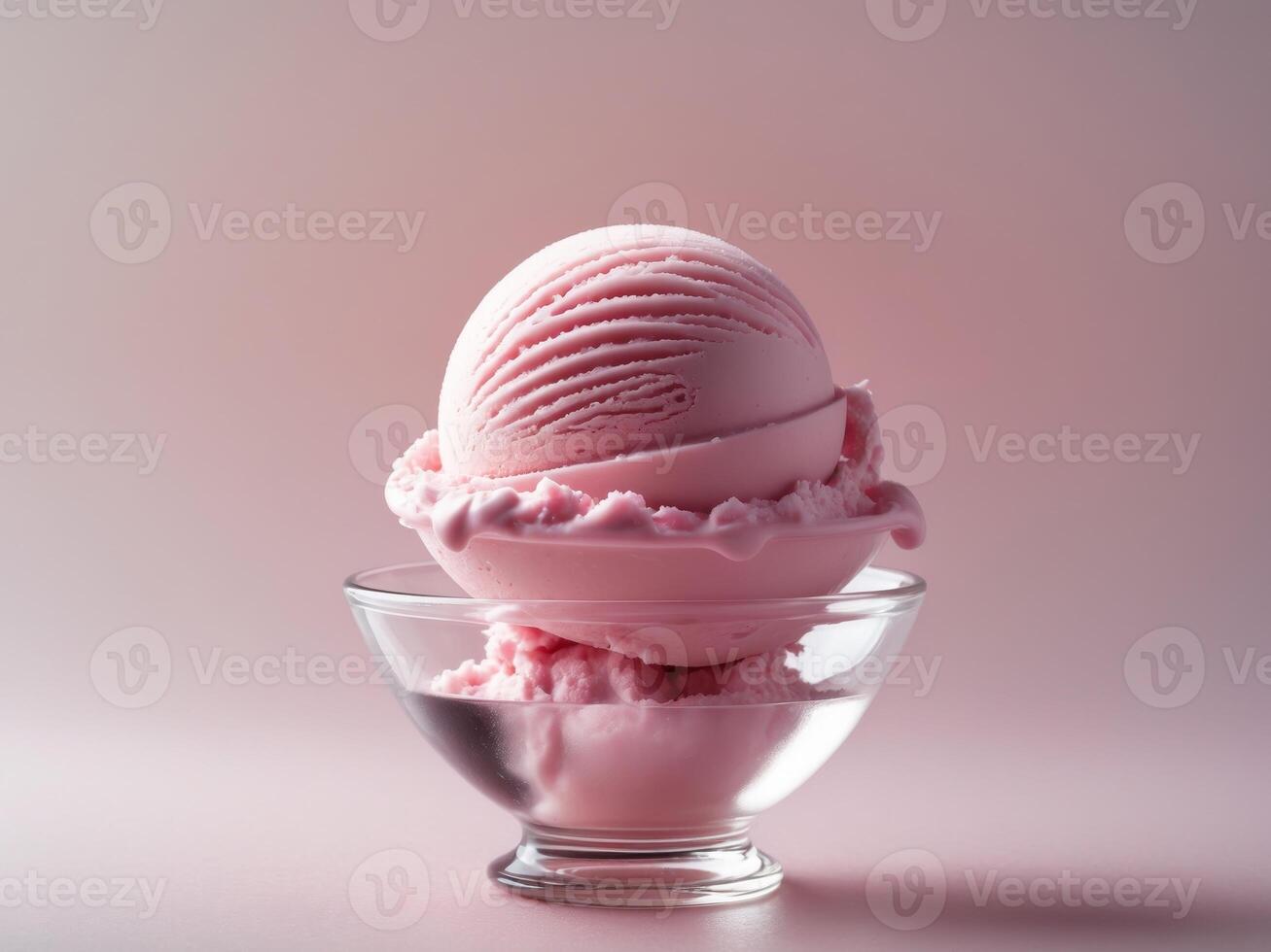 Delicious Pink Ice Cream Scoop in Glass Bowl on Pink Background photo