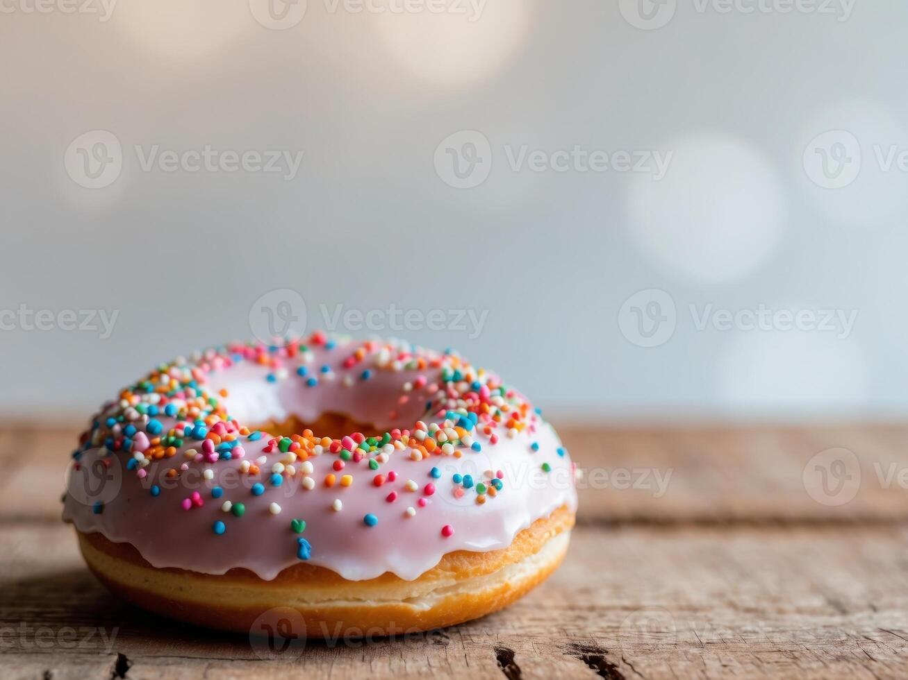 A Delectable Pink Donut with Sprinkles on a Wooden Surface photo