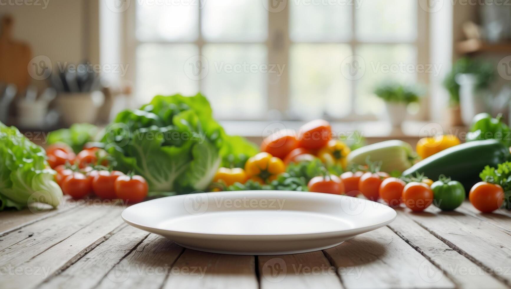 white empty plate lying on a wooden table with a kitchen with vegetables in the background photo