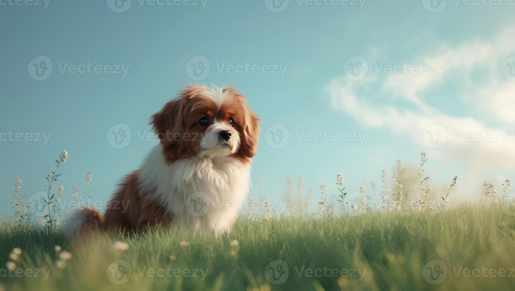 A brown and white dog sitting on top of a field photo