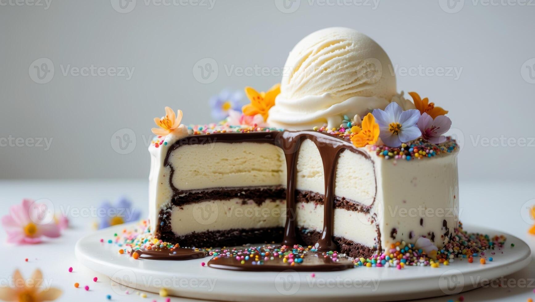 creamy ice cream cake dripping with chocolate topped with sprinkles edible flowers and a scoop of vanilla ice cream photo