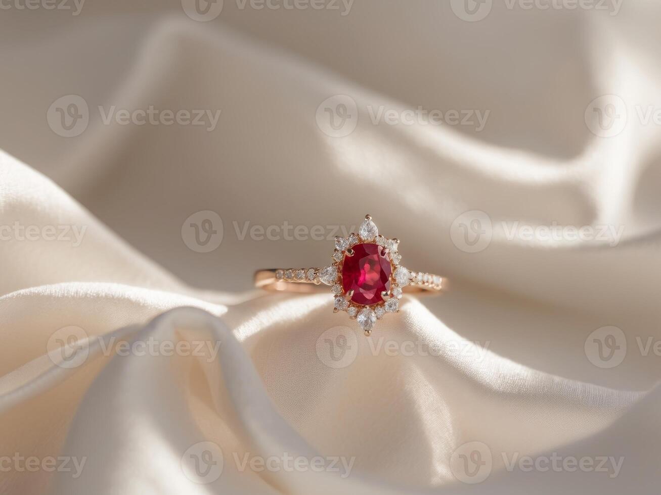 Elegant Ruby Ring with Diamonds on Soft Fabric Background photo