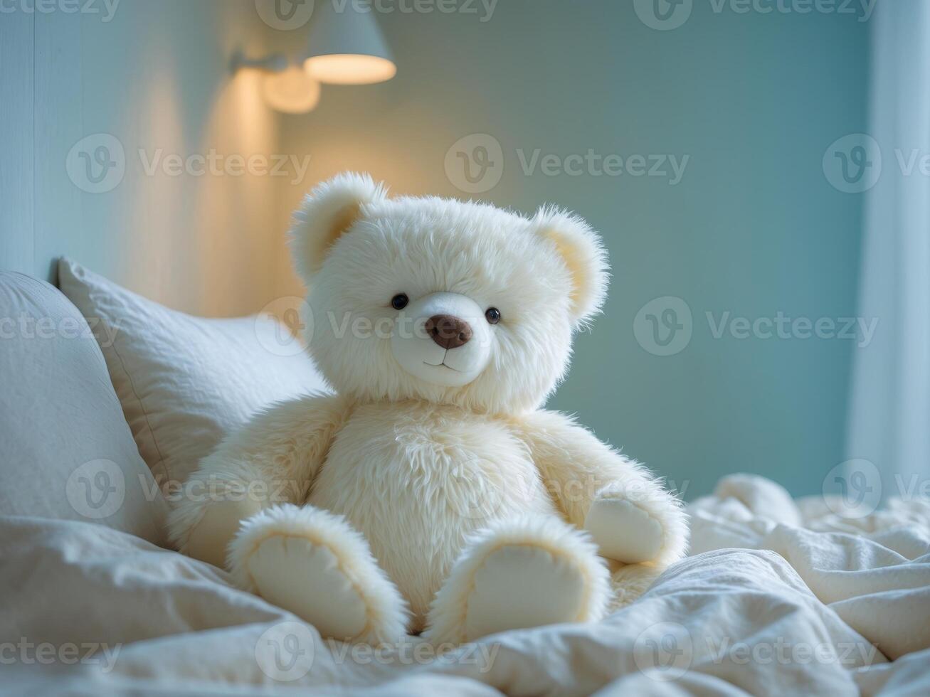 Soft bear sitting on a bed in a cozy blue room with calming atmosphere photo