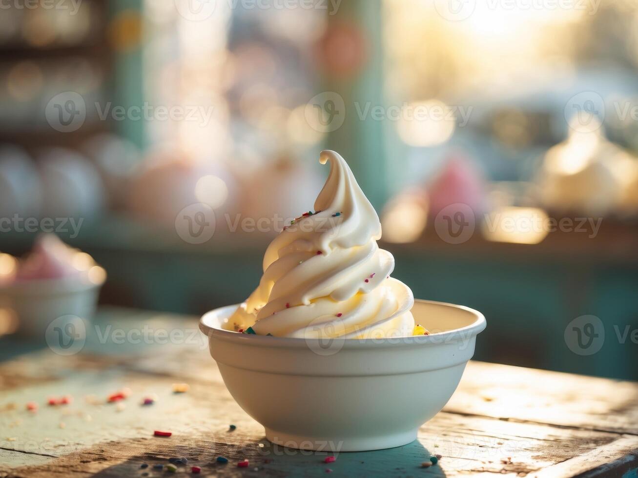 Soft serve ice cream served in a bowl ready to be enjoyed on a sunny day at a local dessert shop photo