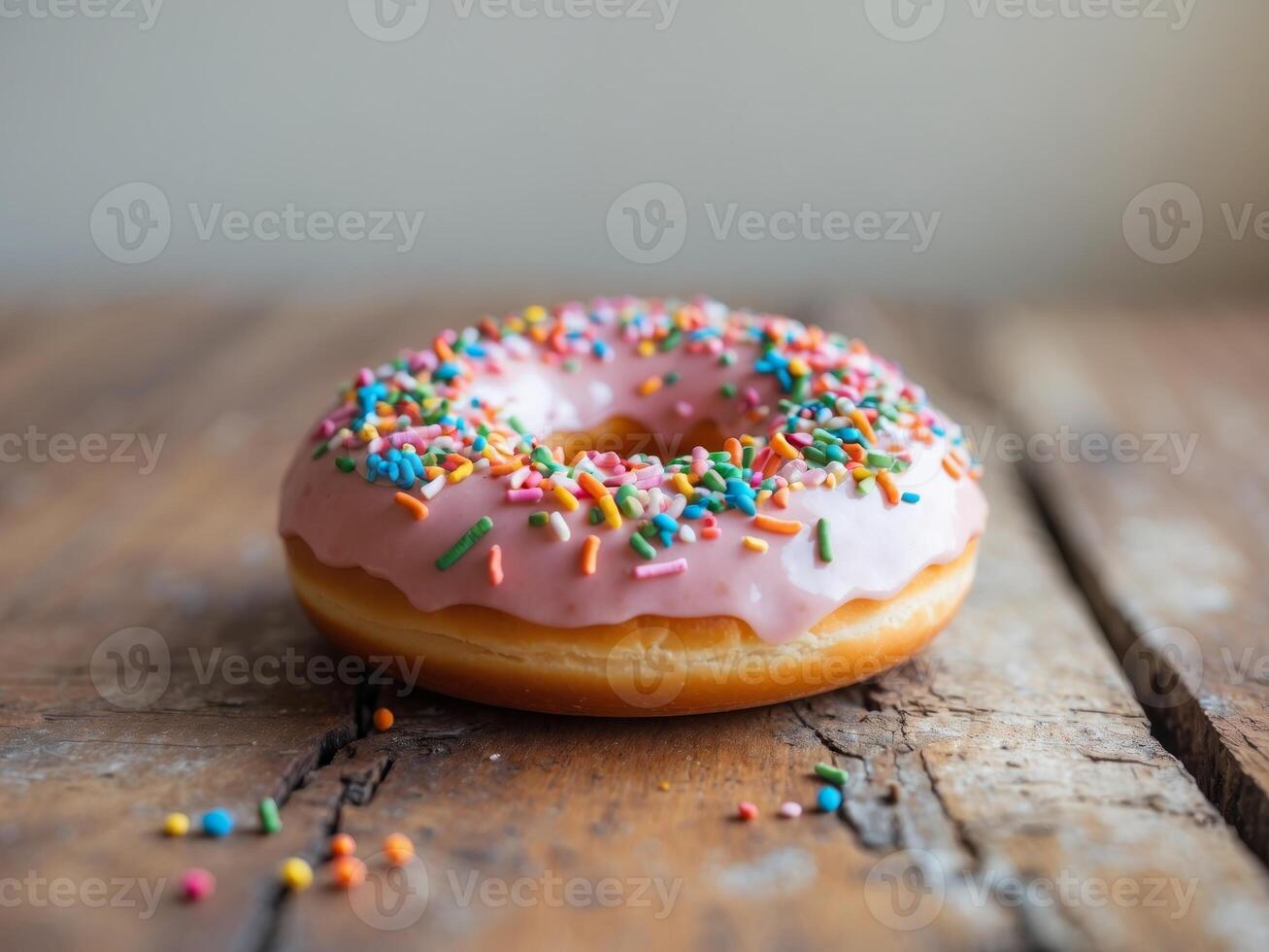 A Delectable Pink Donut with Sprinkles on a Wooden Surface photo