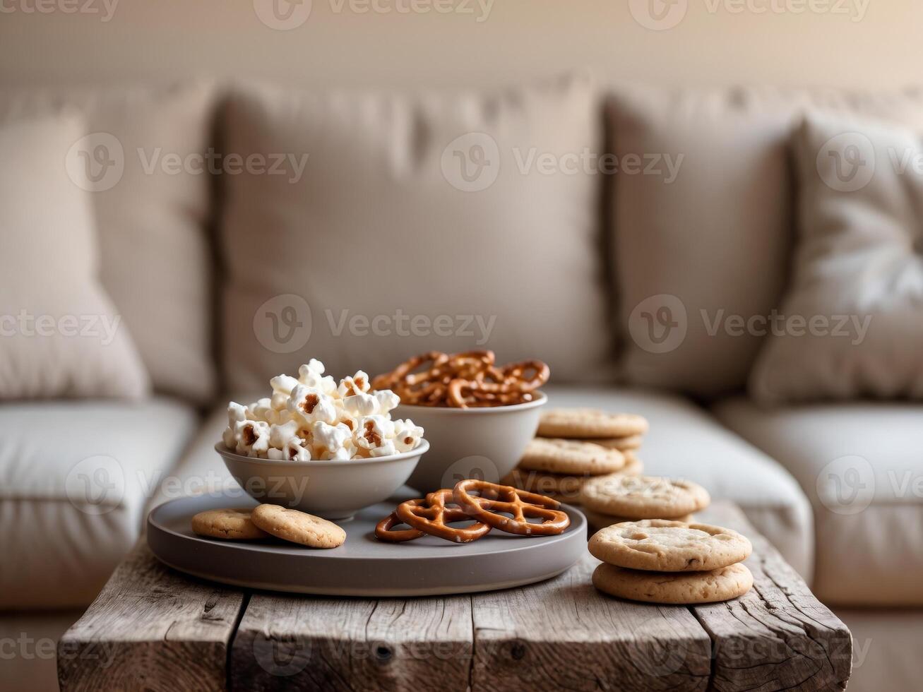 Sweet and Salty Snacks for a Cozy Movie Night Setup with Popcorn and Treats photo