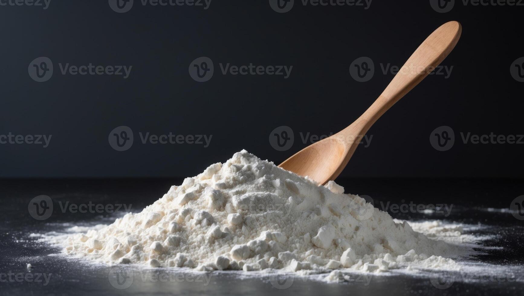High Contrast Still Life of Flour and Wooden Spoon on Black Background photo