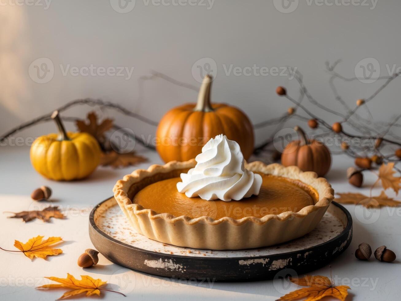Pumpkin pie with whipped cream on wooden plate and autumn decor photo