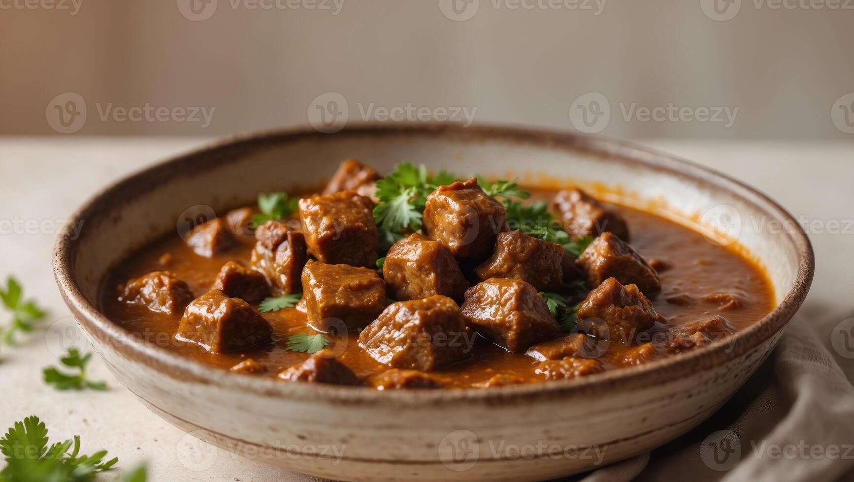 Delicious Stew in Rustic Bowl Hearty Meat Cubes in Rich Sauce photo