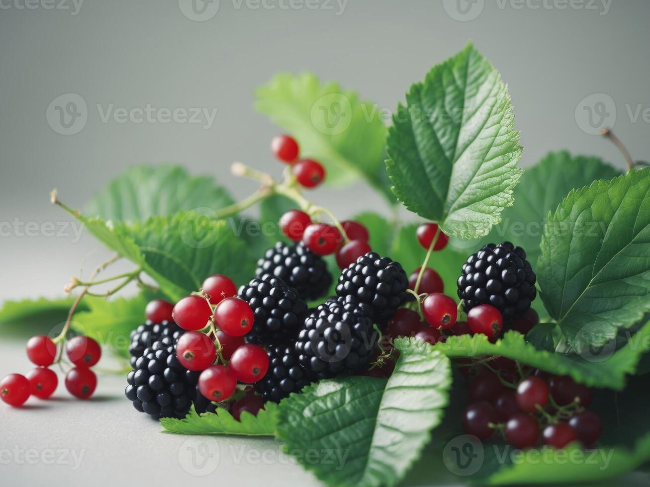 Blackberries and red currants on a white background photo