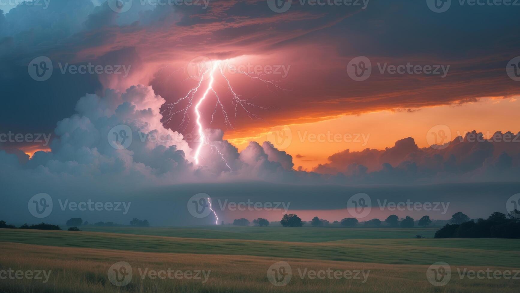 A lightning bolt strikes through the clouds in the sky photo