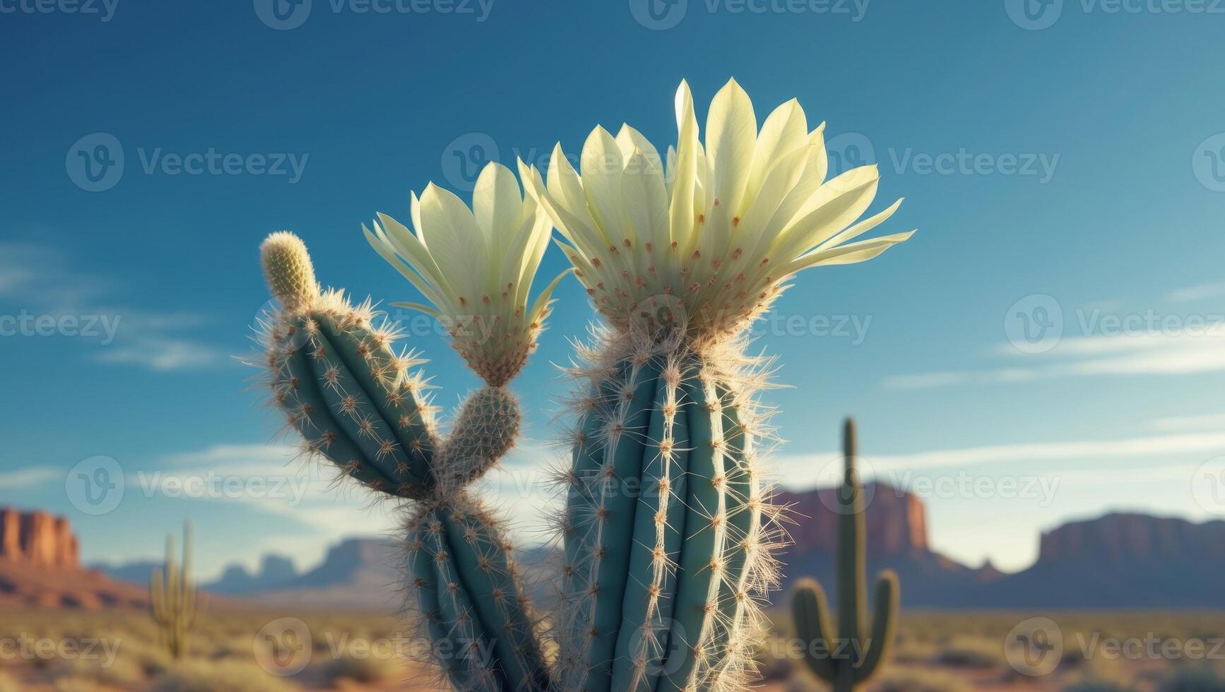 A cactus plant in the desert with a blue sky photo