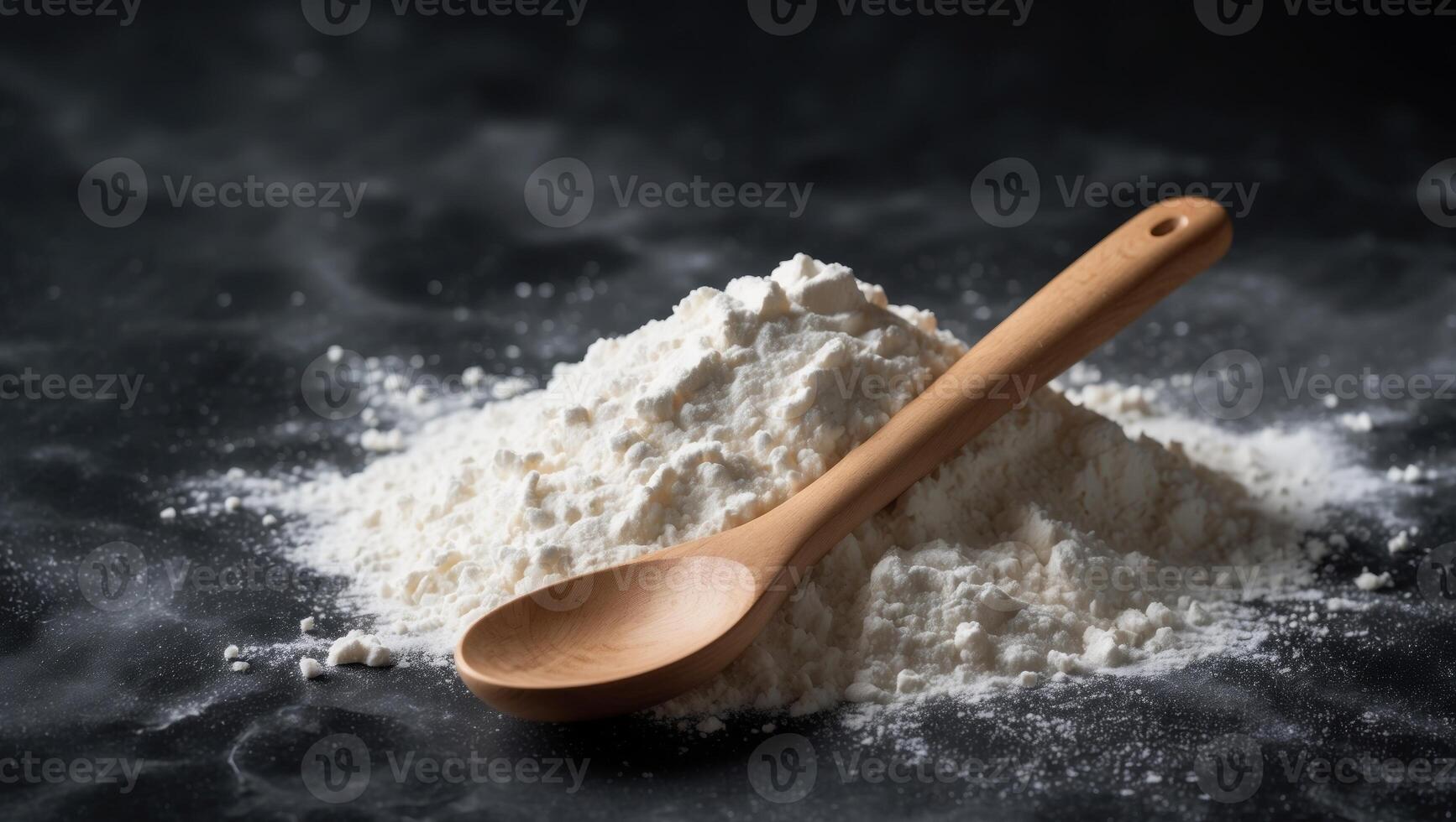 A spoon and a pile of flour on a black background photo