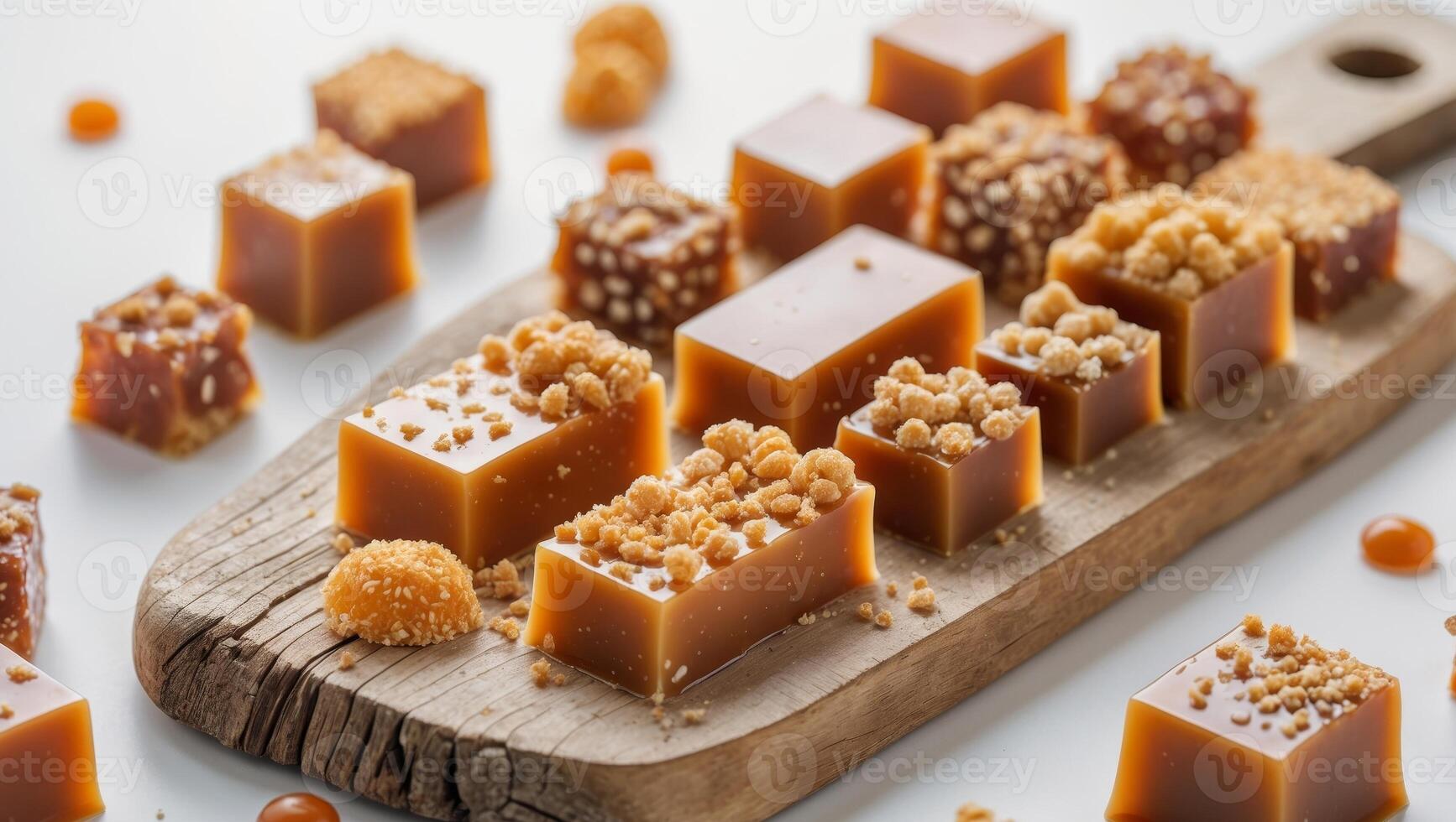 A wooden cutting board with caramel pieces and nuts photo