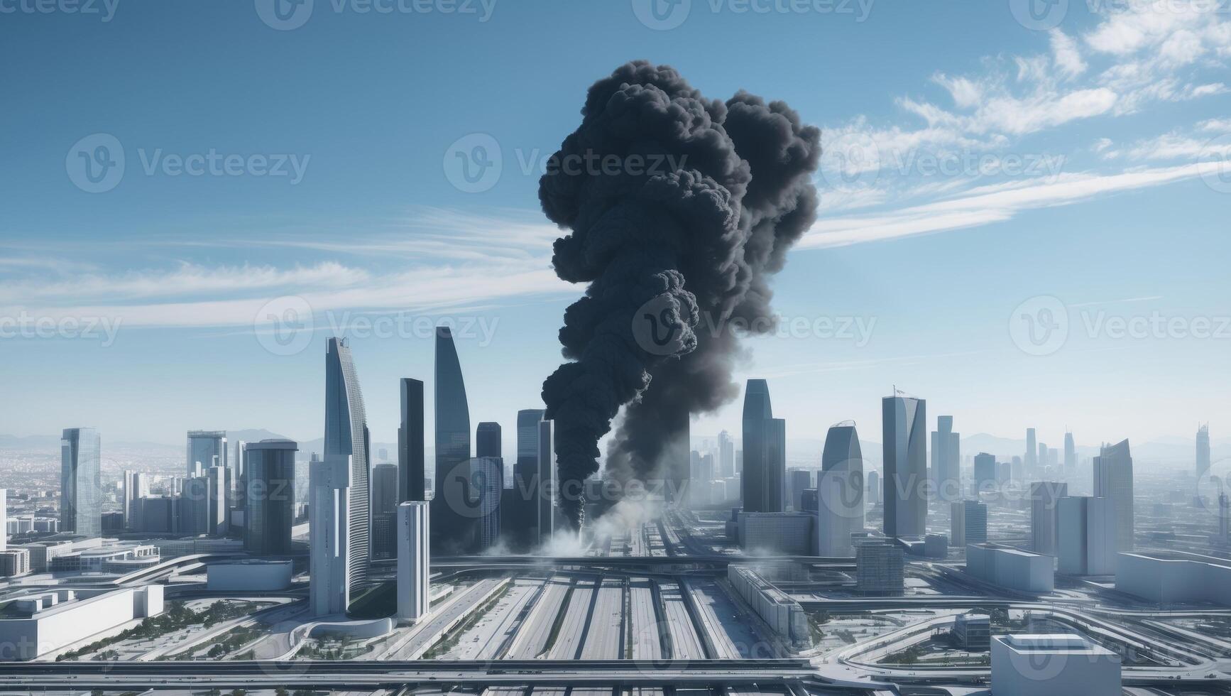 A large black cloud of smoke is rising from the city photo
