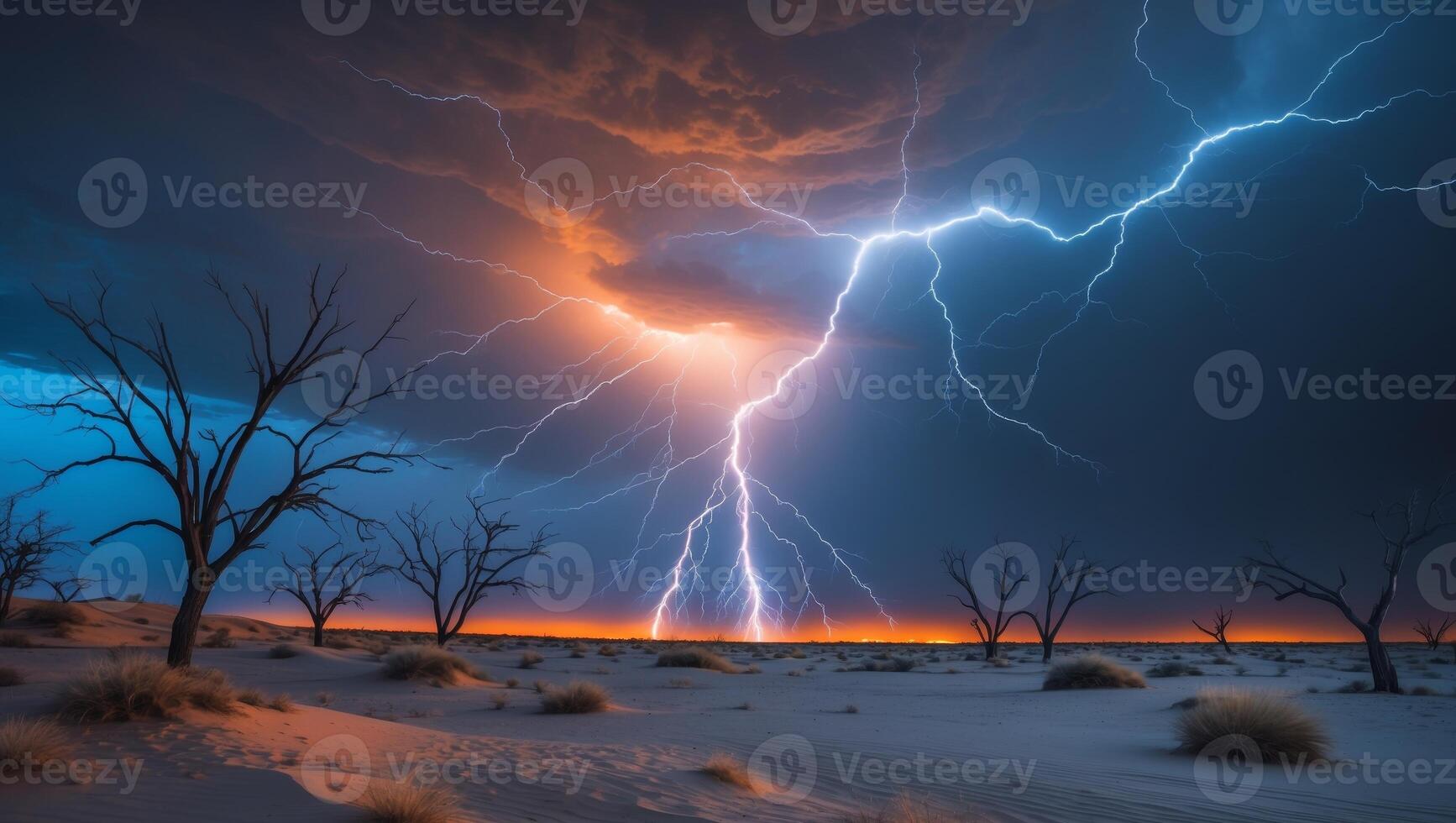 Lightning strikes over a desert landscape photo