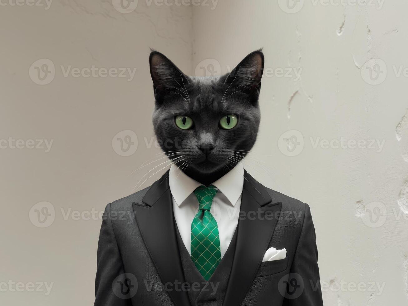 A black cat wearing a suit and green tie photo