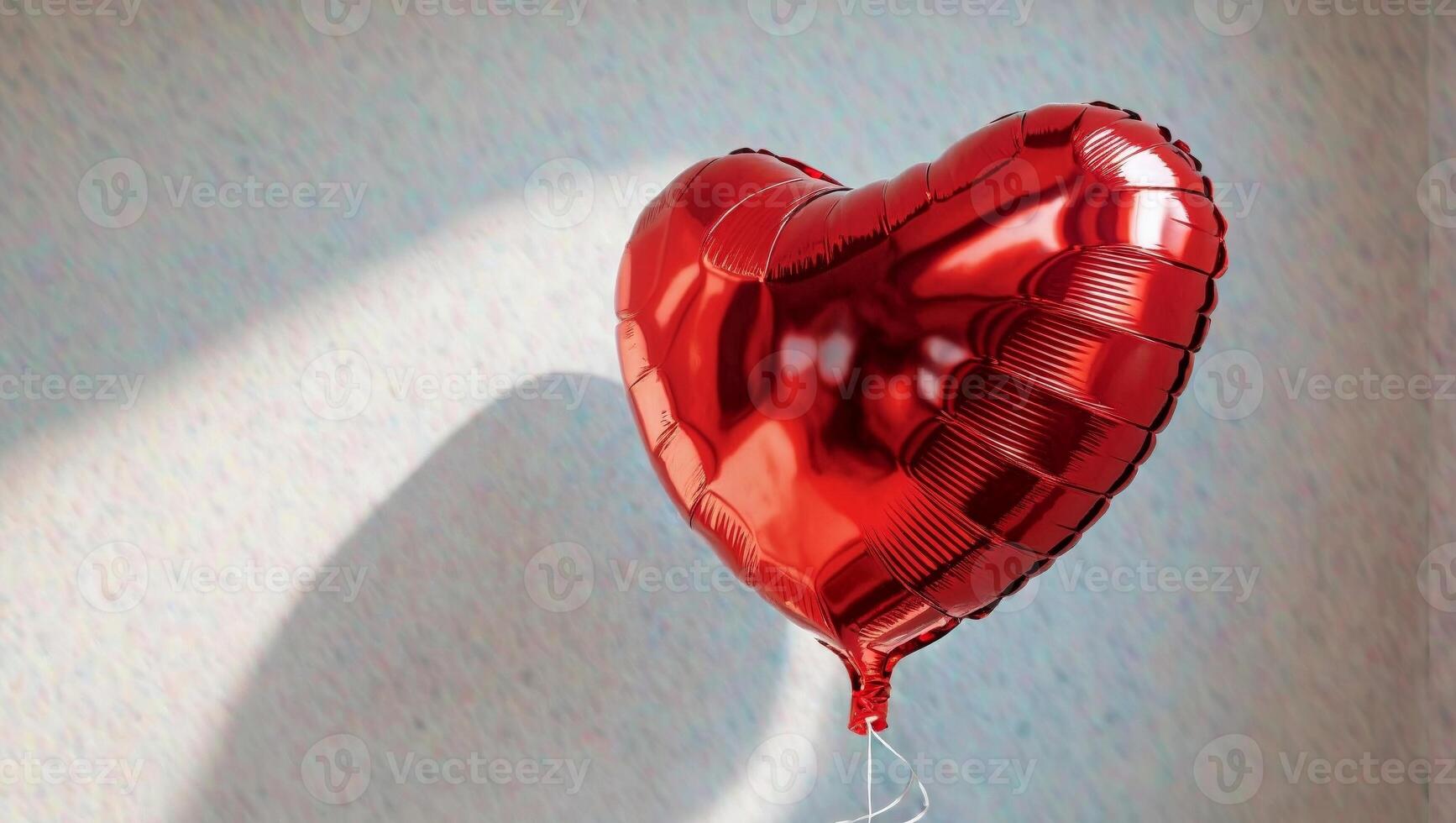 A red heart shaped balloon is shown in the air photo