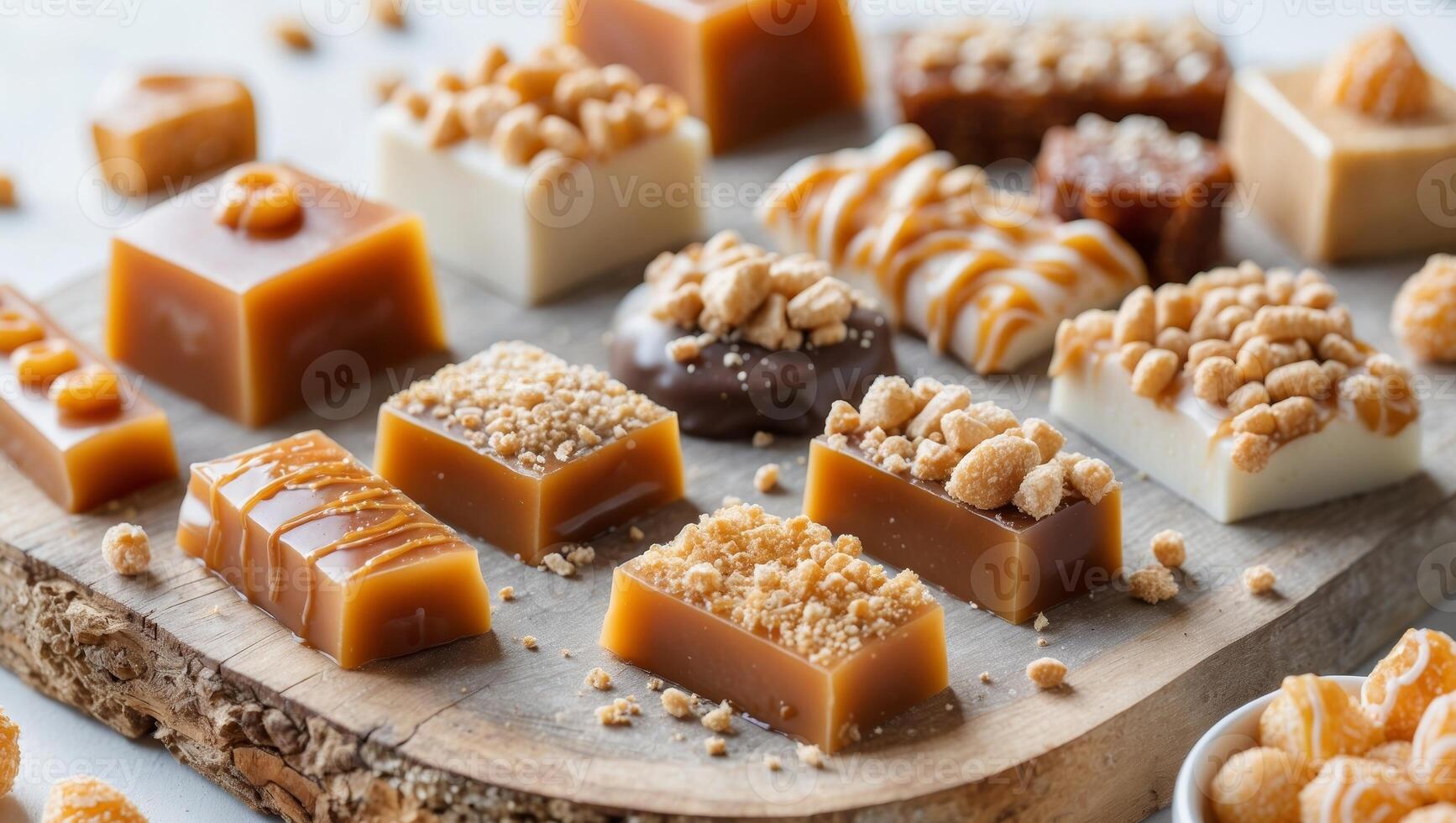 Deliciously Sweet Caramel Treats with Crunchy Toppings on a Wooden Board Perfect for Dessert Lovers and Candy Enthusiasts Alike photo