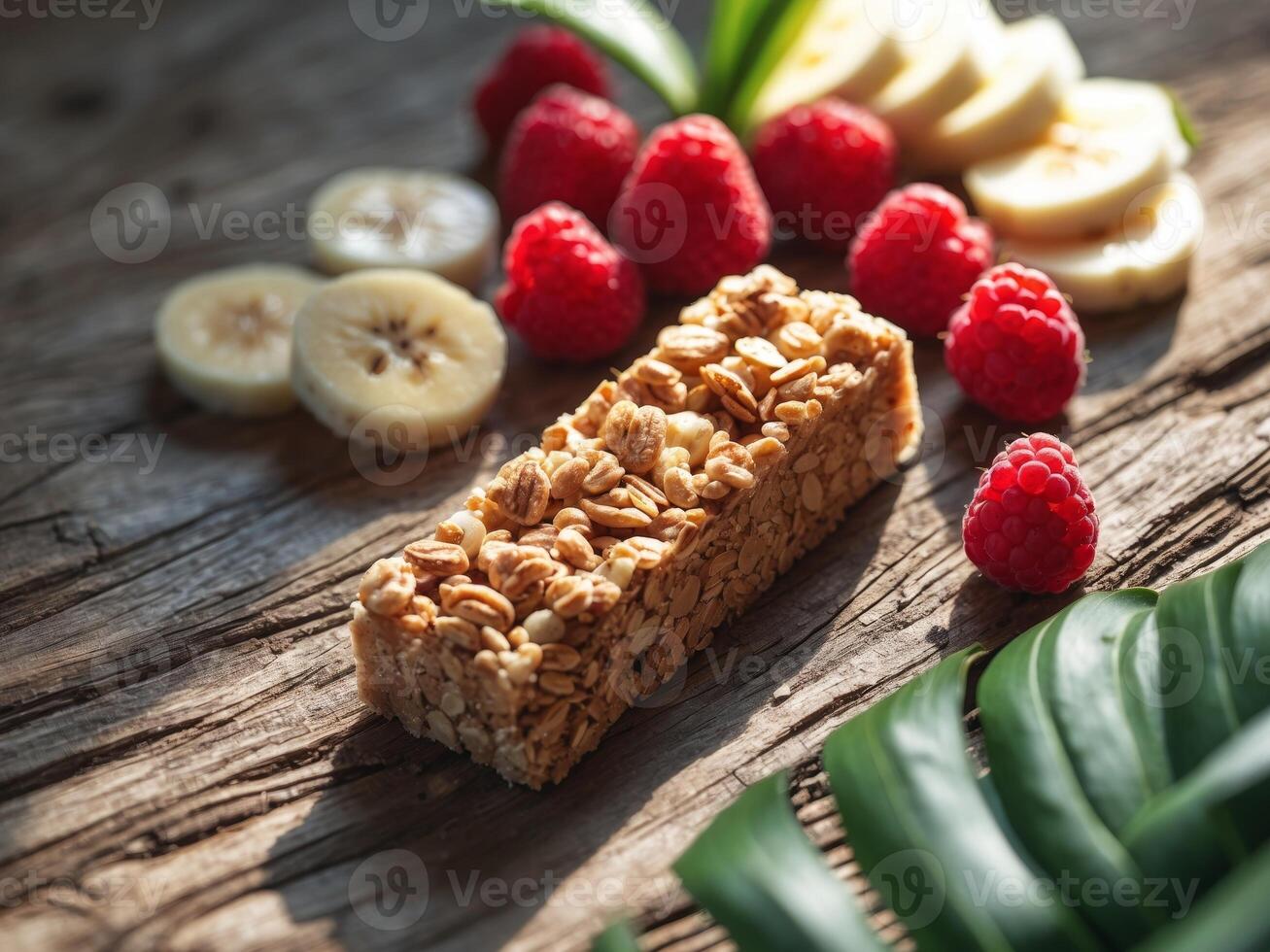 Granola bar surrounded by raspberries bananas and tropical leaves photo