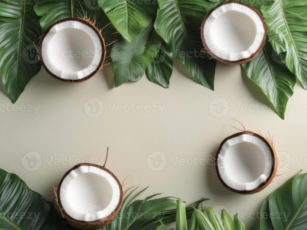 Fresh Coconut Halves Surrounded by Lush Green Leaves on Light Background Ideal for Tropical Themes photo
