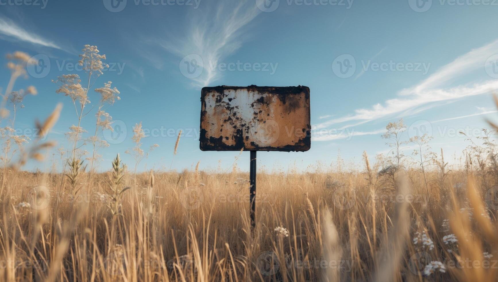 A burnt sign in the middle of a field with overgrown grass and weeds photo
